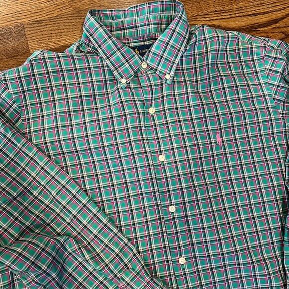 Polo Ralph Lauren Long Sleeve Button Down Shirt Mens XL Tartan Plaid Green Pink - Picture 1 of 8